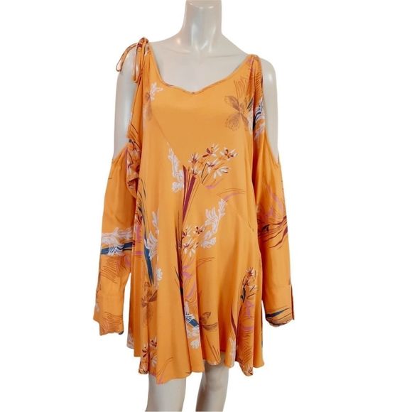 Free People Clear Skies Dress size Small Light Orange Floral Cold Shoulder Tunic - Picture 2 of 8